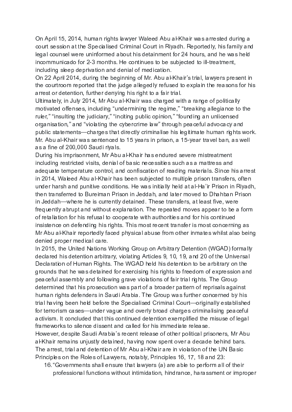 WaleedAbulkhair's tweet image. Joint statement condemning the continued arbitrary detention of Waleed Abu al-Khair @ALQST_ORG @rightlivelihood @CAHRyork @TheLawSociety @L4L_INT @ALQST_Contact