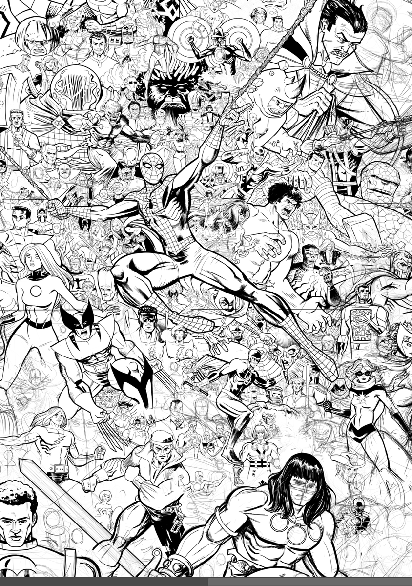 I got pretty far on the inks for the Marvel Bronze Age Poster and realized it's not working. Happy with sections of it, like what you see below, but it falls flat as it grows out. Reworking the composition so it holds together more as a complete piece.