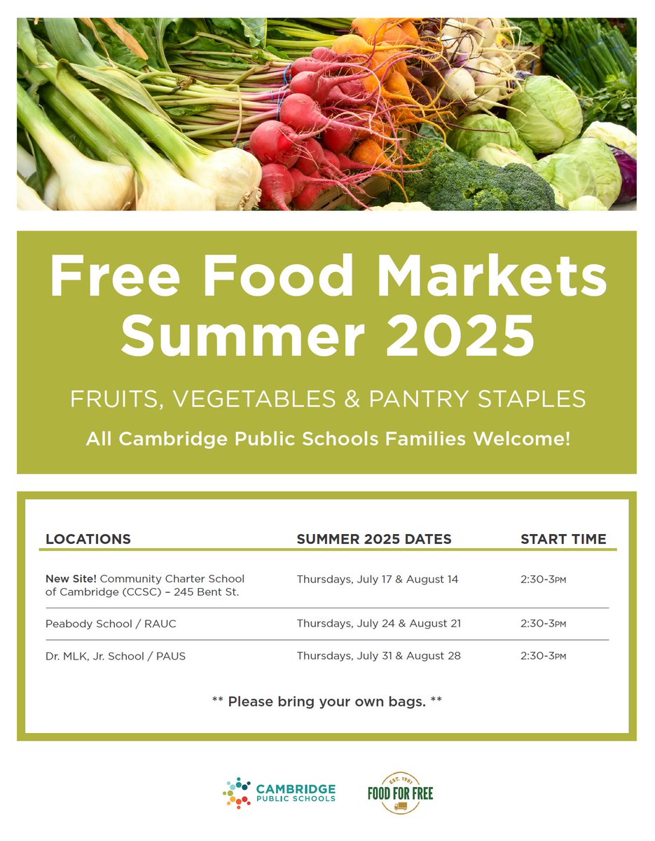 All families are welcome to stop by Free Food Markets this summer! They offer fresh fruits, vegetables, and pantry items. The first one is this Thursday!