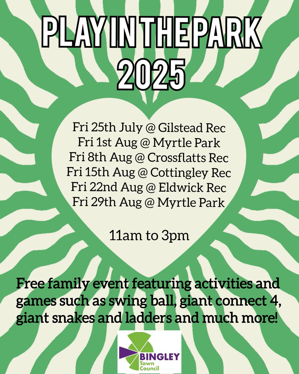 Is everyone ready for the school holidays? 💚

This Friday is our first Play in the Park of the year, taking place at Gilstead Rec from 11am to 3pm.

Any cancellations due to weather will be posted on Facebook on the day, so please check there at the morning of each event.
