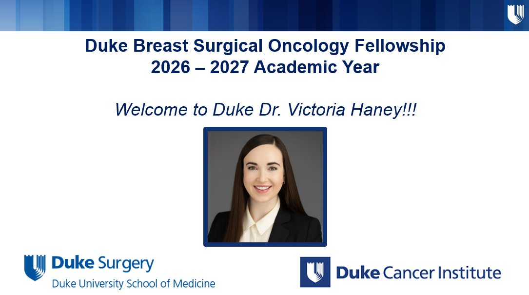 DukeSurgOnc's tweet image. We are thrilled to match Dr. Victoria Haney to Duke for 2026-2027 breast surgical oncology fellowship ✨🤩✨ Congratulations @VHaneyMD Welcome to Duke Family! 💙💙💙 @ASBrS @SocSurgOnc @DukeSurgery @JenniferPlichta @abotty02 @chibaAkiko