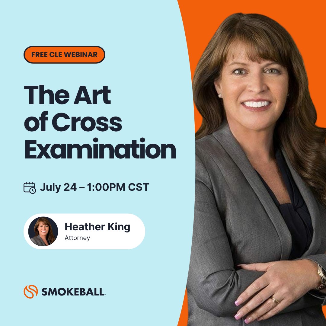 Smokeball (@smokeballnews) on Twitter photo Join us on July 24th at 1P CT, as board-certified attorney Heather King, Shareholder at <a href="/KoonsFuller/">KoonsFuller, P.C. Family Law</a>, provides you with real-world strategies for cross-examination that can be used immediately! Learn from the best!
Lock your spot in today! bit.ly/44yxahT
#TrialLawyers Join us on July 24th at 1P CT, as board-certified attorney Heather King, Shareholder at <a href="/KoonsFuller/">KoonsFuller, P.C. Family Law</a>, provides you with real-world strategies for cross-examination that can be used immediately! Learn from the best!
Lock your spot in today! bit.ly/44yxahT
#TrialLawyers