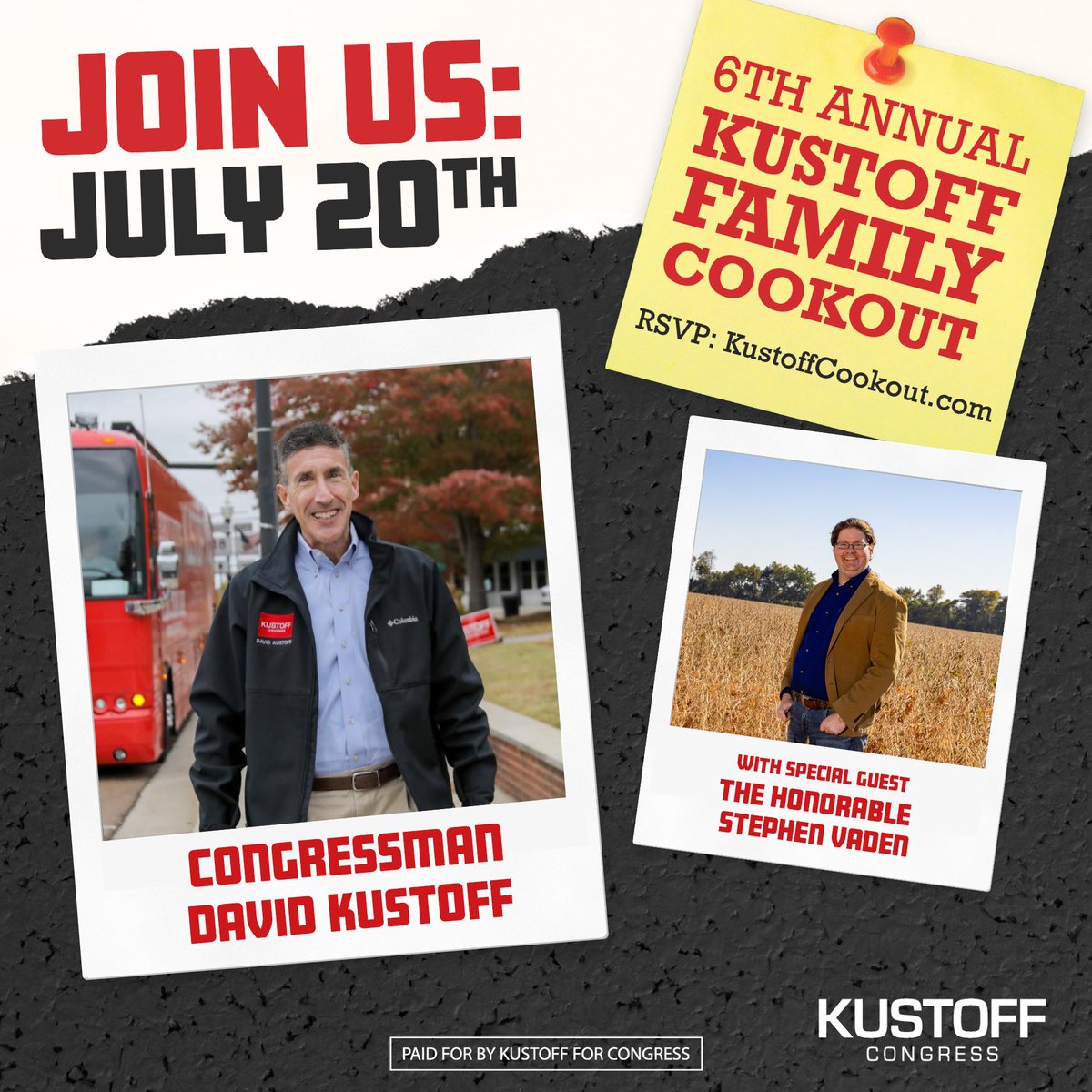 🚨 KUSTOFF FAMILY COOKOUT SPECIAL ANNOUNCEMENT 🚨

We are thrilled to welcome Special Guest: The Honorable Stephen Vaden to the Kustoff Family Cookout THIS Sunday 🐖

Enjoy FREE food, fun for the whole family, and a chance to hear from Congressman Kustoff and our special guest.