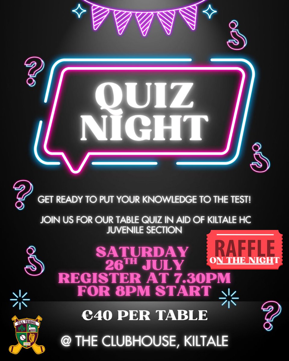 Table Quiz in aid of our juvenile section Sat 26th Jul
Get all the latest news on the Kiltale Hurling Club app member.clubspot.app/club/kiltale-h…