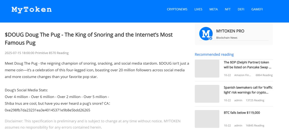 Dougerc20's tweet image. MyToken 💕 $DOUG

mytokennews.com/FlashNews/_DOU…