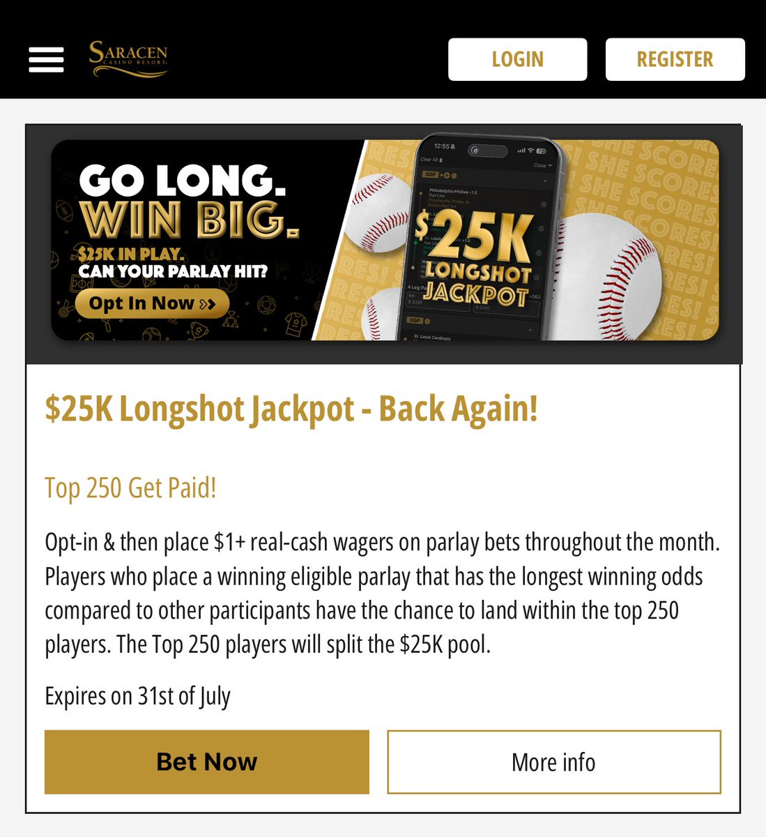 BetSaracen's tweet image. 🚨 The $25K Longshot Jackpot is BACK!
Think your parlay can go the distance?
🎯 Opt-in, bet $1+ on any parlay, and if you hit one of the longest winning odds, you could land in the Top 250 and claim your share of $25,000! 💰
Runs all July — only on BetSaracen!