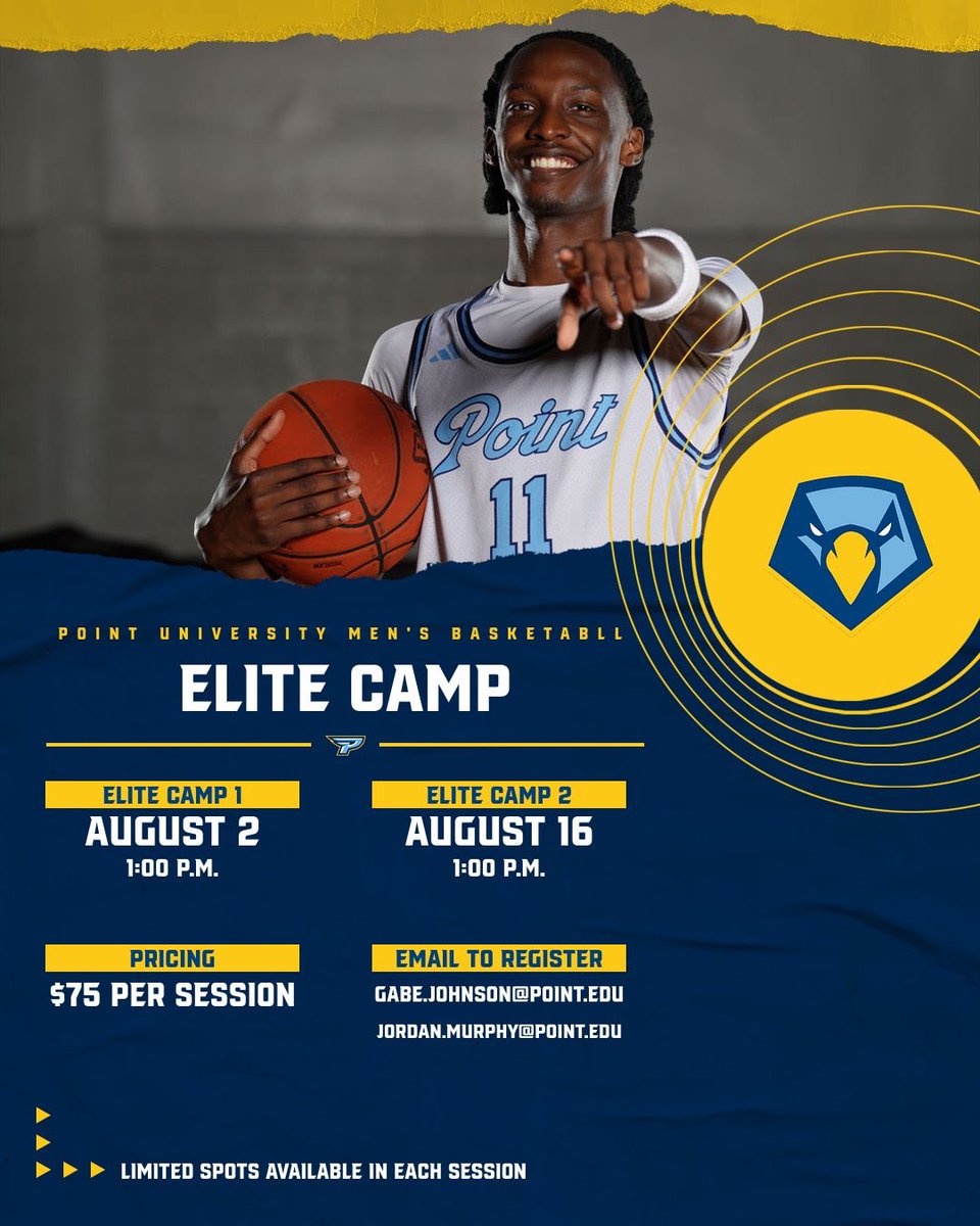 Point University Men's Basketball (@pointmbb) on Twitter photo We are excited to announce this year’s Elite Camps on August 2nd and August 16th!
This event is for 9th-12th graders looking to play at the next level
This is an opportunity to perform in front of and learn from our staff
Spots are limited so register today! We are excited to announce this year’s Elite Camps on August 2nd and August 16th!
This event is for 9th-12th graders looking to play at the next level
This is an opportunity to perform in front of and learn from our staff
Spots are limited so register today!
