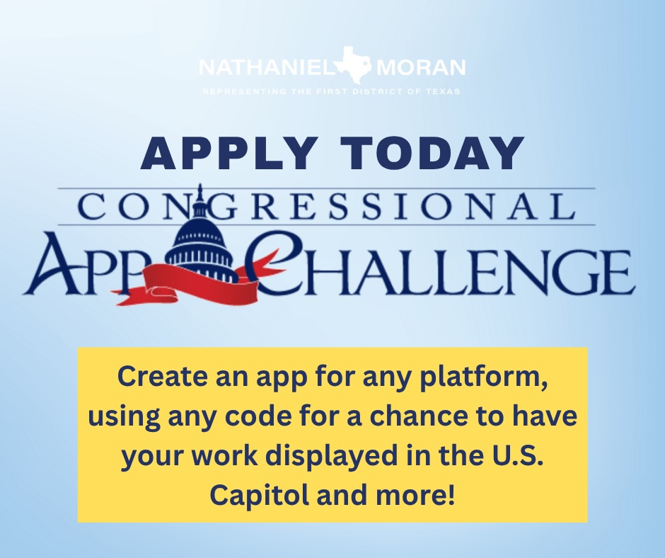 APPLY TODAY for the Congressional App Challenge!

This competition allows high school students to create and submit their own app for the chance at receiving national recognition.

Submissions are due on October 30th, 2025. Click the link for more details: moran.house.gov/services/congr…
