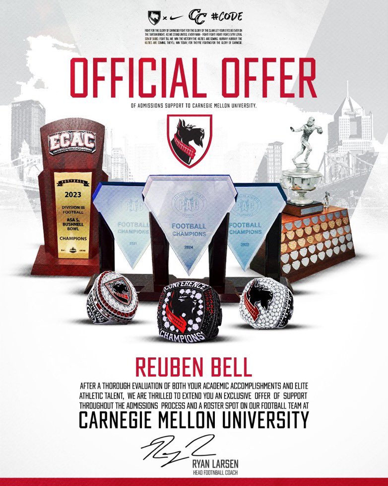 Reuben Bell (@reubenbell2026) on Twitter photo After a phone call with <a href="/Coach_Kay19/">K. K. Rountree🇹🇹</a> I am blessed to receive an offer to play at <a href="/TartanFB/">Carnegie Mellon Football</a>!
<a href="/CBEastFootball/">Central Bucks EAST Football</a> <a href="/CoachGibboney/">Coach Gibboney</a> <a href="/CoachRyanLarsen/">Ryan Larsen</a> After a phone call with <a href="/Coach_Kay19/">K. K. Rountree🇹🇹</a> I am blessed to receive an offer to play at <a href="/TartanFB/">Carnegie Mellon Football</a>!
<a href="/CBEastFootball/">Central Bucks EAST Football</a> <a href="/CoachGibboney/">Coach Gibboney</a> <a href="/CoachRyanLarsen/">Ryan Larsen</a>