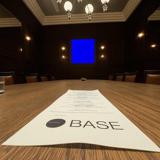 一间灯光昏暗的会议室，长木桌前有一份盖着‘BASE’标志的文件，墙上有一个蓝色屏幕