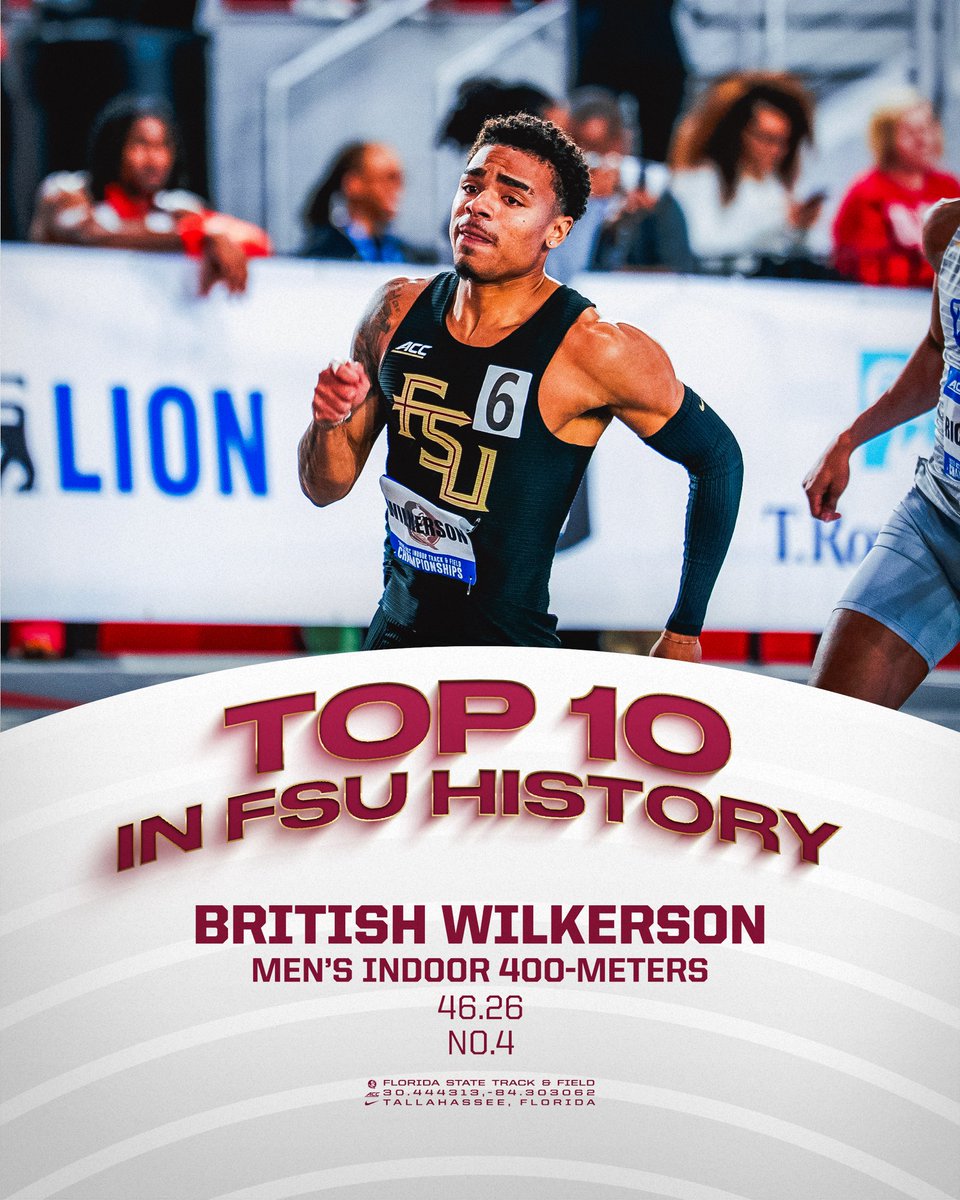 FSU_Track's tweet image. 𝐓𝐔𝐄𝐒𝐃𝐀𝐘 𝐓𝐎𝐏 🔟
Rewinding to the time when British Wilkerson ran the fourth-fastest indoor 400-meter time in program history at 46.26.
Wilkerson also posted the18th-fastest 300-meter time (32.66) in collegiate history during the indoor season!
#NoleFamily | #OneTribe