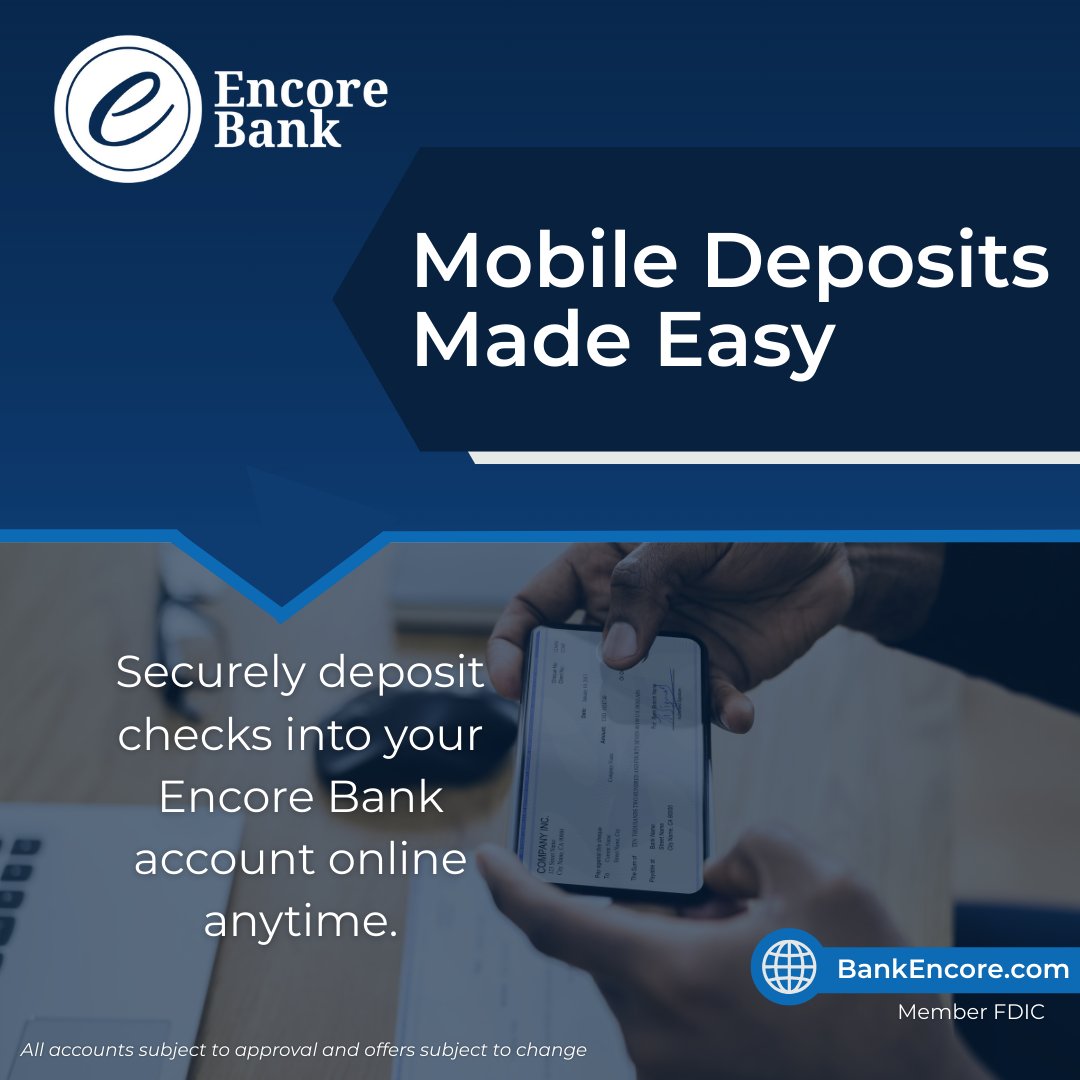 Deposit checks anytime, anywhere with ease. Mobile deposits make banking simpler than ever. #EncoreBank #MobileDeposits