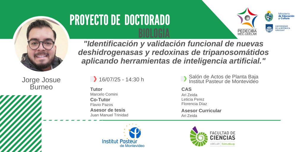 PEDECIBA's tweet image. "Identificación y validación funcional de nuevas desidrogenasas y redoxinas de tripanosomátidos aplicando herramientas de inteligencia artificial"
Proyecto de #Doctorado del #EstudiantePEDECIBA Jorge Josue Burneo
+info pedeciba.edu.uy/es/defensa/ide…