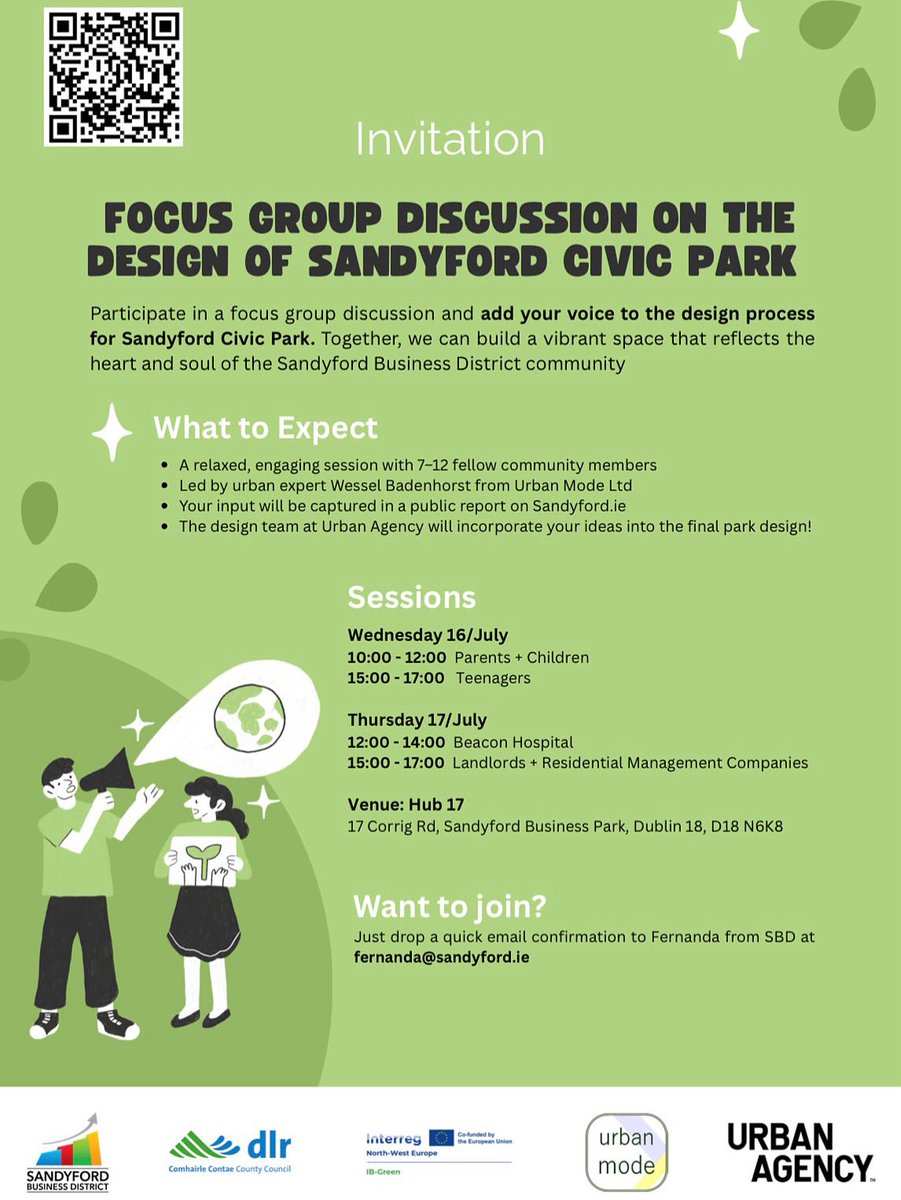 SandyfordBID's tweet image. TOMORROW: Sandyford Civic Park Focus Groups 🌳
Focus groups will run tomorrow to hear from parents, children and teens:
📍Hub 17, Corrig Rd, Dublin 18
🗓️ Wed July 16
🕙 10:00-12:00 Parents & Children
🕒 15:00-17:00 Teens
Email Fernanda at fernanda@sandyford.ie to take part!