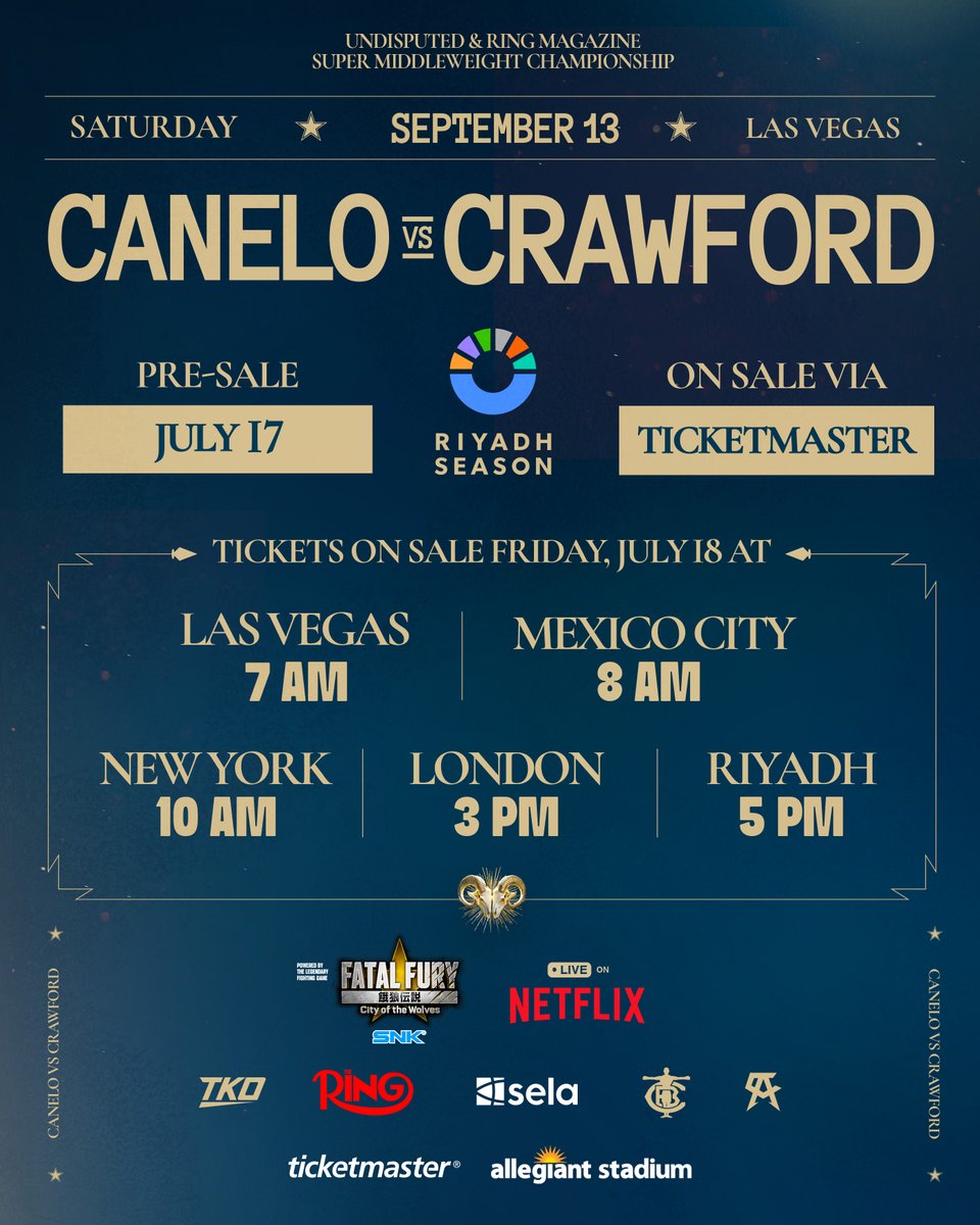 تقام بملعب أليجيانت في لاس فيغاس 13 سبتمبر2025..
تركي آل الشيخ يعلن بدء بيع تذاكر نزال كانيلو وكروفورد على لقب بطولة العالم الموحدة للوزن فوق المتوسط الجمعة المقبل.

تفاصيل حجز التذاكر عبر الرابط 👇
ticketmaster.com/canelo-vs-craw…

#CaneloCrawford
#RiyadhSeasonCard
#BigTime