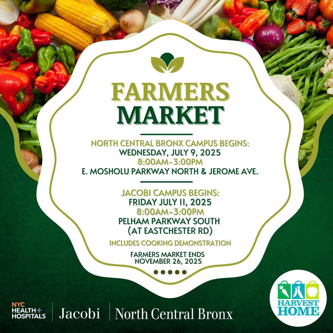 JacobiHosp's tweet image. 🌱 It’s Farmers Market Wednesday at NCB!
Grab your reusable bags and head outside from 8AM to 3PM for fresh produce, healthy snacks, and a taste of summer goodness.
🧺 See you there!
.
.
.
#NCBFarmersMarket #WellnessWednesday #EatLocal