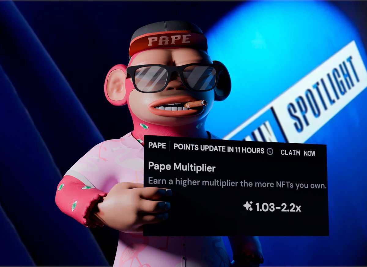ApeChain Spotlight Season 2 has started 🦍

The game is on and PAPE is in the arena.

Hold more Papes = earn a higher multiplier (up to 2.2x). Complete quests and climb the leaderboard.

👉 Don’t forget to delegate your points to PAPE in your Spotlight profile.

Let’s show the
