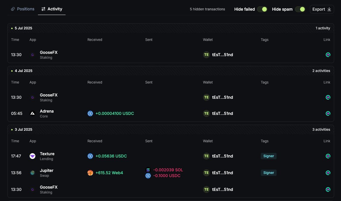 Dirk (@dirkstrokerreal) on Twitter photo You already know that on <a href="/jup_portfolio/">Jupiter Portfolio</a> you can:
✅ Track all your funds
✅ See your DeFi positions & yields
✅ Claim airdrops
✅ View pools, open orders, staked JUP
…but did you know you can ALSO get a clean, spam-free list of your own transactions (even filter out failed You already know that on <a href="/jup_portfolio/">Jupiter Portfolio</a> you can:
✅ Track all your funds
✅ See your DeFi positions & yields
✅ Claim airdrops
✅ View pools, open orders, staked JUP
…but did you know you can ALSO get a clean, spam-free list of your own transactions (even filter out failed