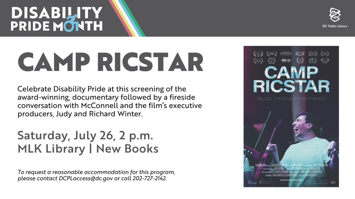 🎬 Join DC Public Library for a special screening of Camp RicStar — Sat, July 26 at 2 PM at MLK Library!
This award-winning doc follows the powerful, joyful journeys of campers at the Eric ‘RicStar’ Winter Music Therapy Camp.