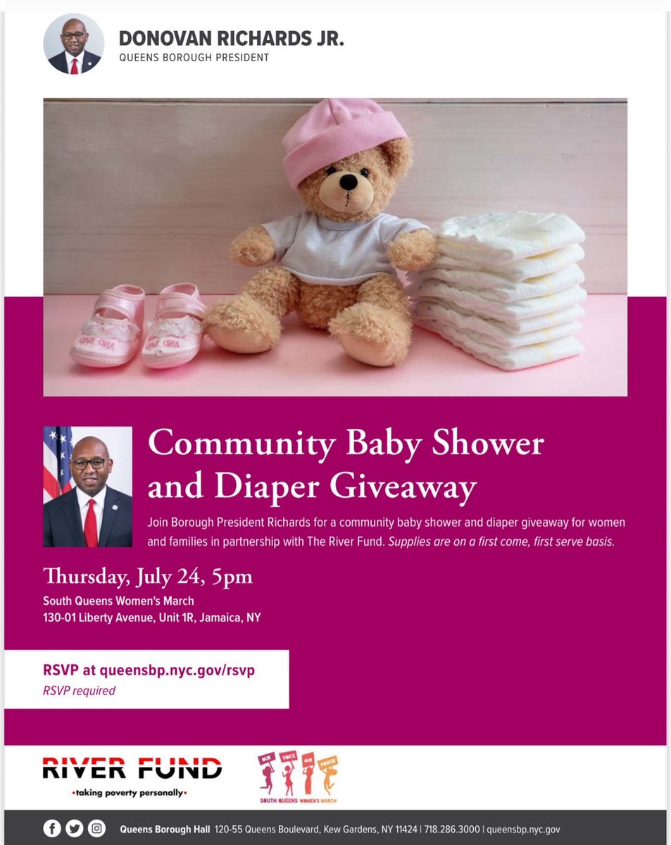 LeroyComrie's tweet image. Calling all Queens families!
Join us for a Community Baby Shower & Diaper Giveaway on Thursday, July 24 at 5PM in Jamaica. Hosted by @QnsBPRichards in partnership with #RiverFund & South Queens Women’s March. RSVP required: queensbp.nyc.gov/rsvp 130-01 Liberty Ave, Unit 1R
