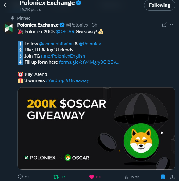 oscar_shibainu's tweet photo. Wow! $OSCAR is now a pinned post on @Poloniex main page!

@Poloniex has over 659k followers and is followed by major influencers in the crypto space, this is massive exposure for our token!

Absolutely incredible. Big thanks to the @Poloniex team
@justinsuntron💚

https://t.co/0WtfSZ64Nm