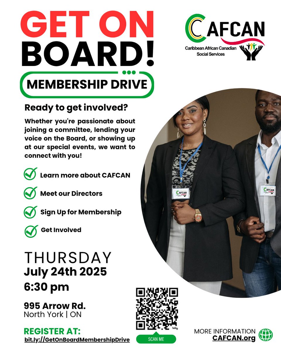 Join us for our Membership Drive Meet + Greet!

July 24, 2025
6:30 pm
📍 995 Arrow Rd, North York

✅ Learn, connect, &amp; sign up!

🔗 Register: bit.ly/GetOnBoardMemb…

Attendees from across Canada are welcome!

#CAFCAN #GetOnBoard #BoardMembers