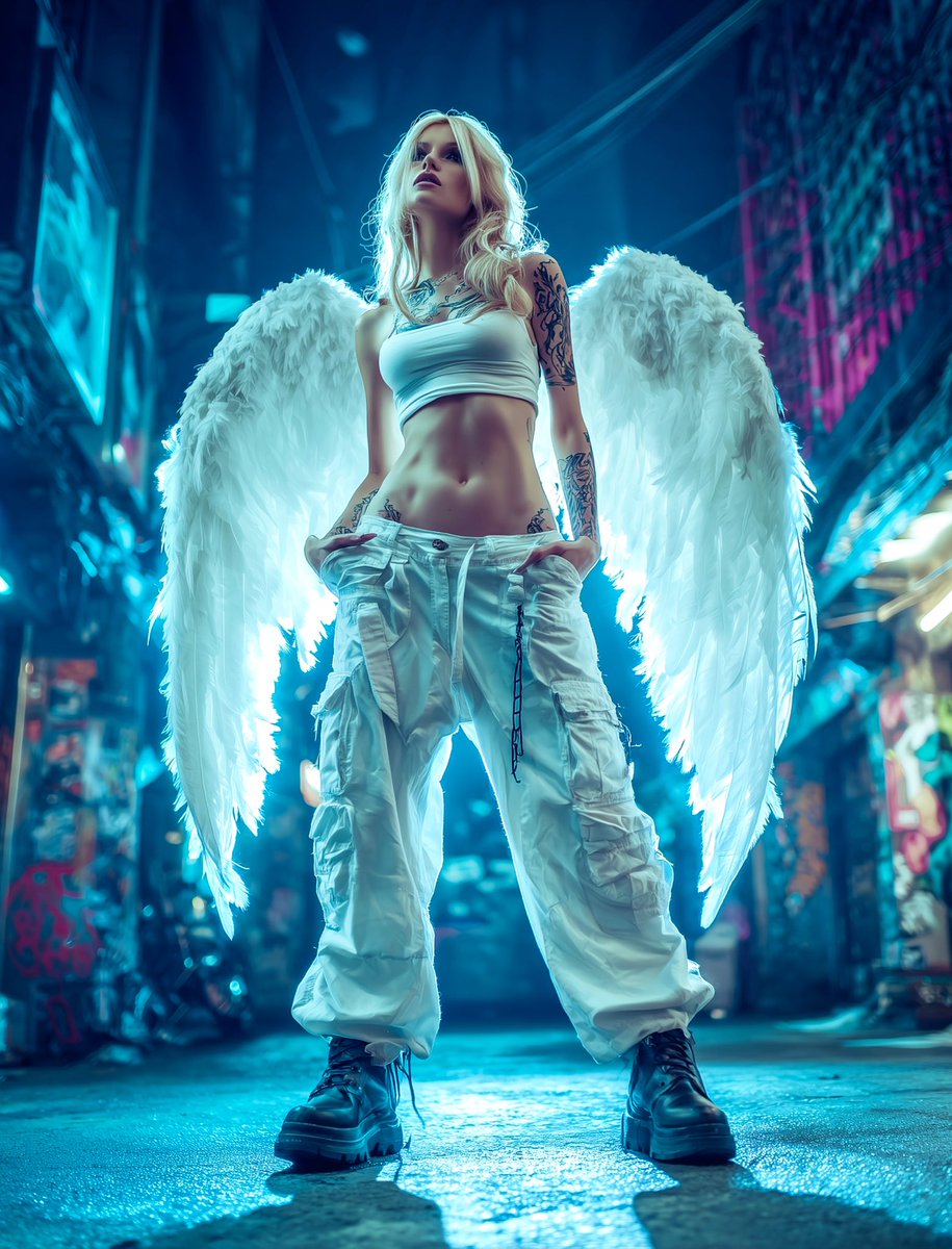Prompt Share: Angel Wings 🪽
Full body shot, beautiful natural blonde woman with large white angel wings, long flowing wavy hair, well-defined musculature and tattooed chest, baggy Japanese pants, heavy boots, large arching wings, bad-boy attitude. dark and smoky environment,