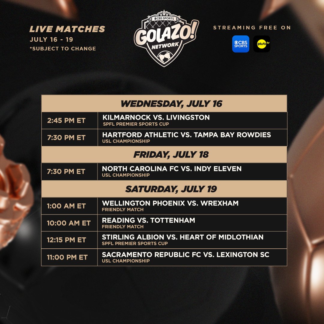CBSSportsGang's tweet image. USL and SPFL highlight the free matches on CBS Sports Golazo Network this week.
Check out every match plus Morning Footy, @AttackingThird, Scoreline and more.
Watch here: cbssports.com/watch/cbs-spor…