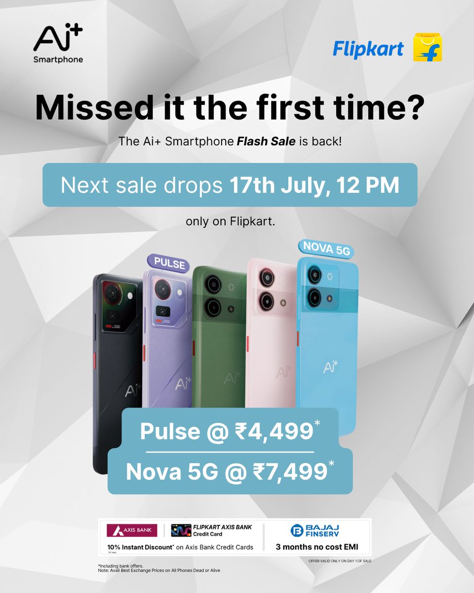 Power up and keep going with Nova 5G that comes with 18W fast charging (8GB) + Type-C cable, right in the box.

Missed it last time? Flash Sale is back on 17th July, 12 PM, only on Flipkart.
👉 Pulse @ ₹4,499*
👉 Nova 5G @ ₹7,499*
*includes bank offers. 
Set reminders: