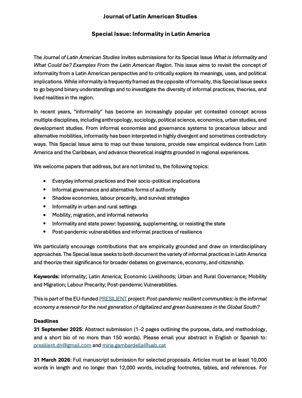 thom_rath's tweet image. Another one!
Call For Papers: JLAS Special Issue on Informality in Latin America
📢 please retweet 📢
