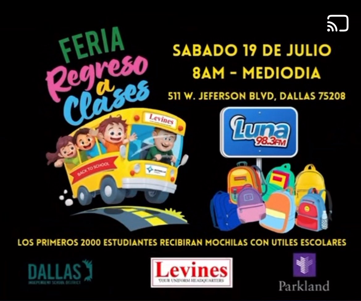 MariaRossAP's tweet image. Back to school with Levines, Luna 98.3, and Parkland this Saturday, July 19, from 8 am to 12 noon. Limited supplies. 🎒📏✏️📚✂️📎🖍️ @Seagoville_ES