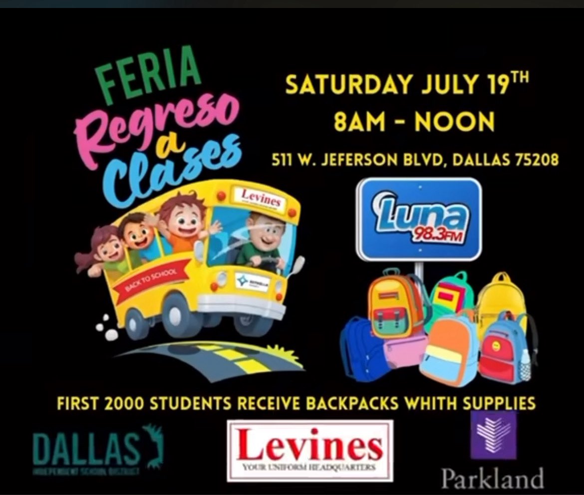 MariaRossAP's tweet image. Back to school with Levines, Luna 98.3, and Parkland this Saturday, July 19, from 8 am to 12 noon. Limited supplies. 🎒📏✏️📚✂️📎🖍️ @Seagoville_ES