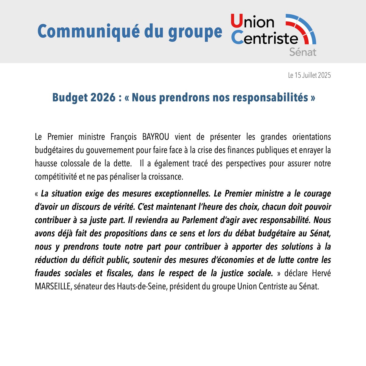 Sénateurs Centristes (@uc_senat) on Twitter photo #COMMUNIQUÉ #Budget2026 #Bayrou
🔴 "Nous prendrons nos responsabilités" <a href="/HerveMarseille/">Hervé Marseille 🇺🇦</a>
Lire le communiqué ⬇️ #COMMUNIQUÉ #Budget2026 #Bayrou
🔴 "Nous prendrons nos responsabilités" <a href="/HerveMarseille/">Hervé Marseille 🇺🇦</a>
Lire le communiqué ⬇️