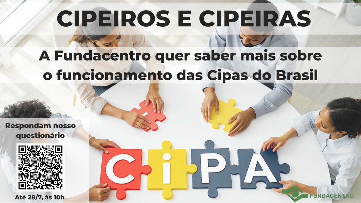 Fundacentro_of's tweet image. A Fundacentro quer ouvir vocês, cipeiros e cipeiras, para saber como funcionam as  Comissões Interna de Prevenção de Acidentes e de #Assédio - #Cipas do Brasil. Queremos identificar desafios e oportunidades de melhoria.
Responda até as 10h de 28 de julho: forms.gle/zzv78capXo5gph…