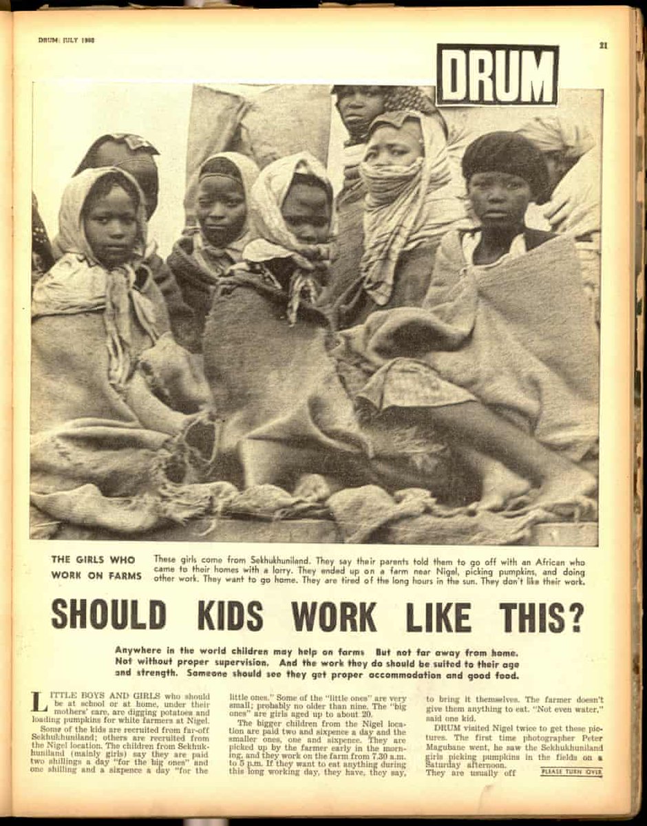 Young children, mostly girls, working for white farmers in Nigel, near Johannesburg. They were recruited from Sekhukhuneland, 200 miles away in what is now Limpopo province. A 1960 photo essay from Drum Magazine.