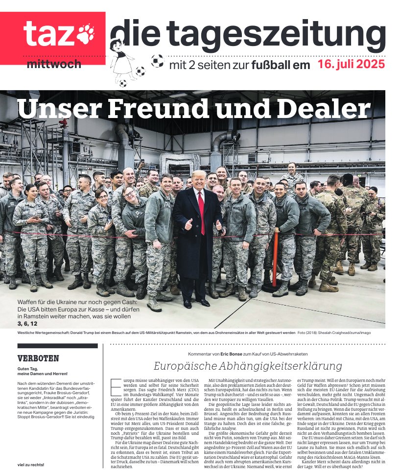 lukaswallraff's tweet image. #tazeins zu Trumps neuem Waffenangebot und dem Ramstein-Urteil @tazgezwitscher