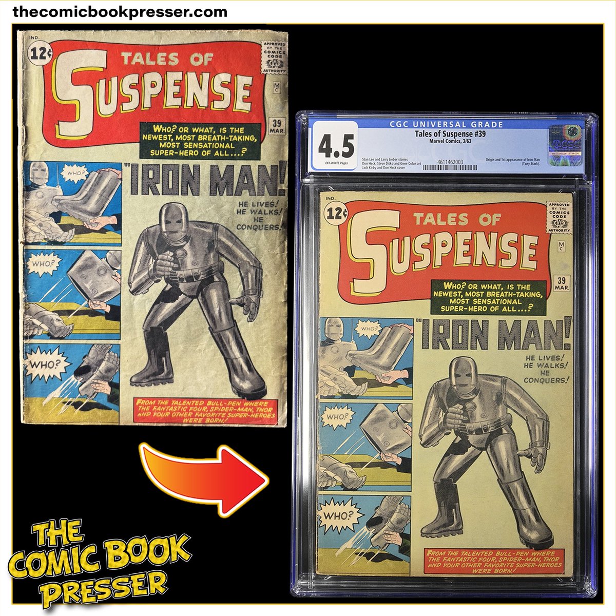 Pressing Spotlight
Tales of Suspense #39 — the first Iron Man! 💥
After a careful clean and press, this grail came back from CGC as a 4.5, now valued around $10,000.

No rush jobs here—just precision and patience for books that matter.

#TheComicBookPresser #ComicBookPresser