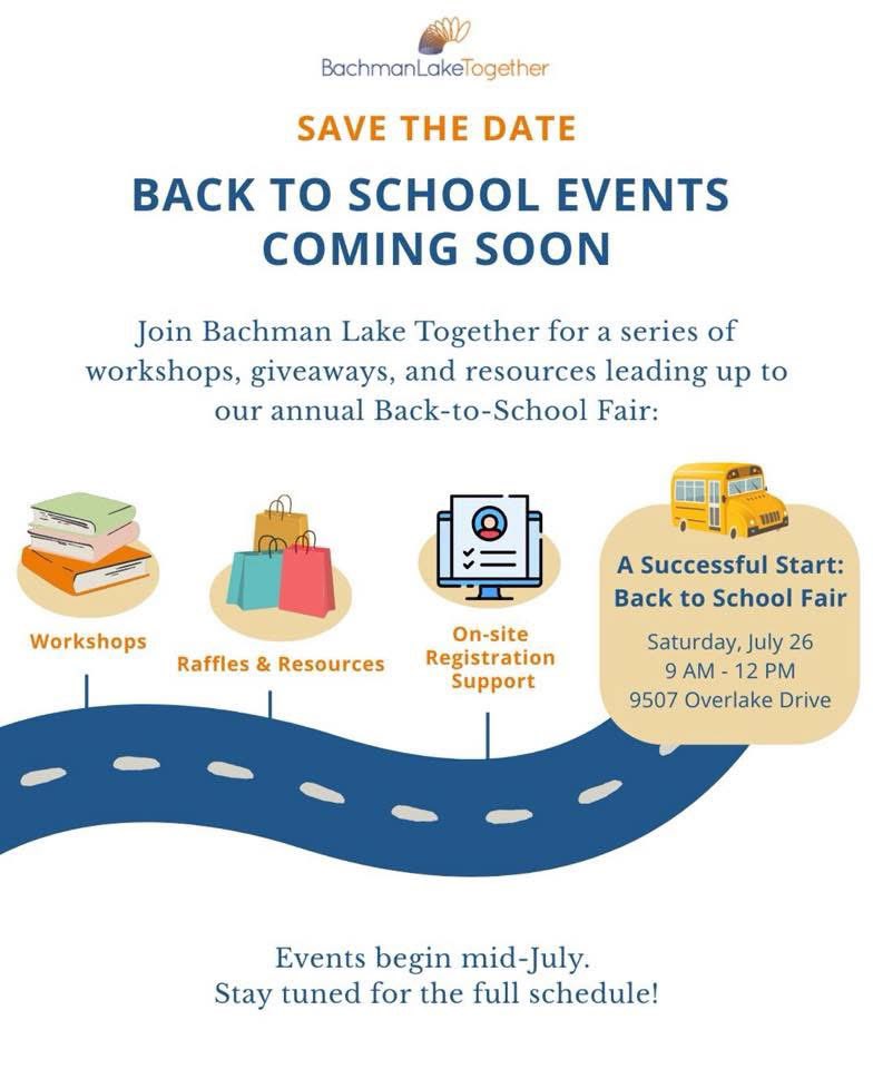 MariaRossAP's tweet image. FREE Back-to-School event at Bachman Lake Together for Saturday, July 26, from 9 am to 12 pm. Learn more about BLT at bachmanlaketogether.org 🙂 @Seagoville_ES
