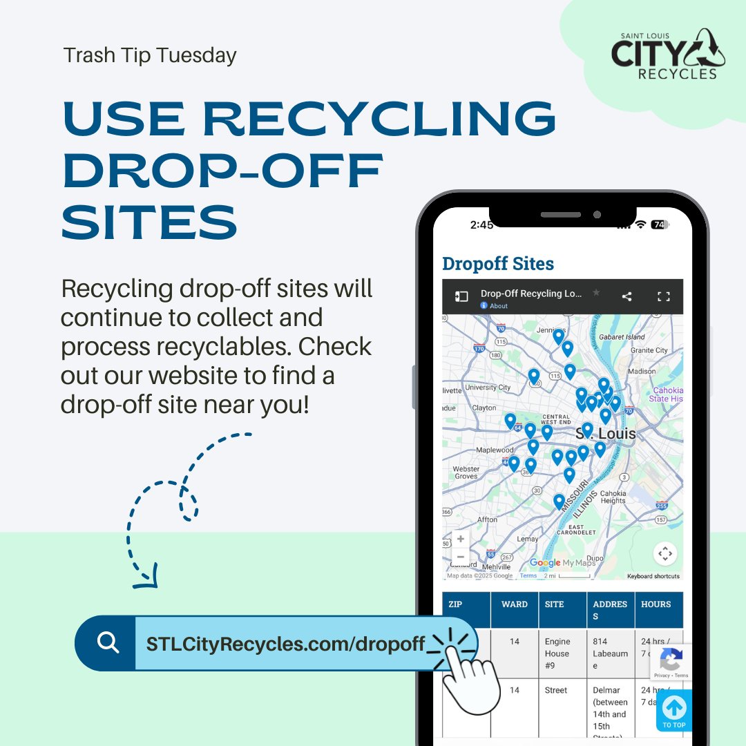 Be sure your items get recycled by taking them to one of the City’s residential recycling drop-off sites. Visit our website to find one located near you: STLCityRecycles.com/dropoff.

Questions about what can go in recycling? Download Recycle Coach in your app store!