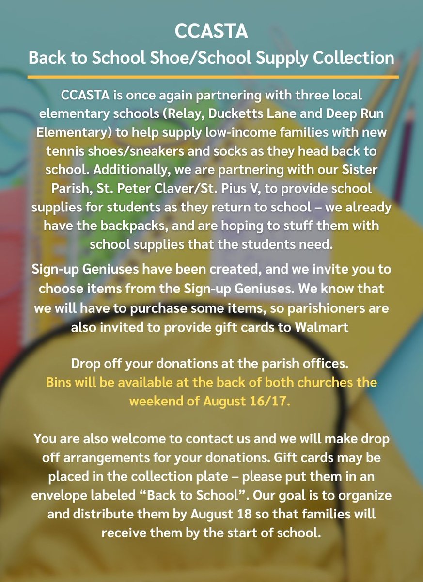 Please visit our website ccasta.faith for sign-up links and contact information under Announcements and Outreach.