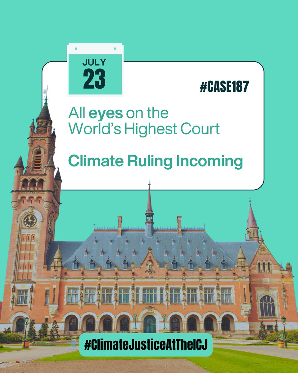 Oxfam's tweet image. July 23, 2025: A defining day for international law. The #ICJ will deliver its first-ever climate advisory opinion — a ruling that could strengthen global legal protections for people and the planet.
Like, share, and raise your voice if you believe polluters must pay for the…