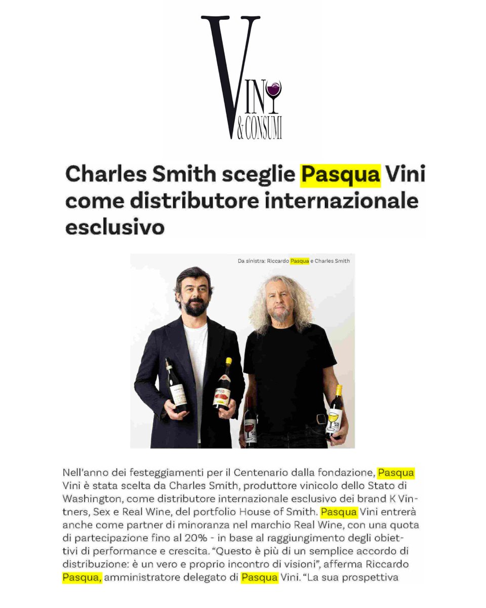 Pasqua Wines (@pasquawinery) on Twitter photo On Vini & Consumi news on the partnership between Charles Smith and <a href="/PasquaWinery/">Pasqua Wines</a>: the Veronese winery becomes exclusive international distributor for a selection of wines from the House of Smith portfolio, with distribution beginning September 2025.
Pasqua Wines will also enter On Vini & Consumi news on the partnership between Charles Smith and <a href="/PasquaWinery/">Pasqua Wines</a>: the Veronese winery becomes exclusive international distributor for a selection of wines from the House of Smith portfolio, with distribution beginning September 2025.
Pasqua Wines will also enter