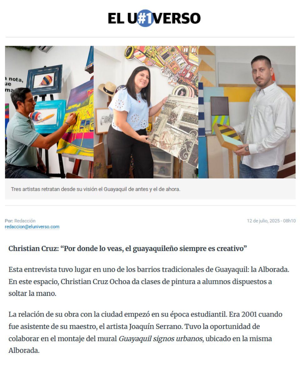 tecsud's tweet photo. Felicitamos a nuestro docente, Mgtr. Christian Cruz, por esta nota periodística del diario El Universo publicado el pasado 12 de julio, en la que resaltan su arte y cómo plasma en ella la esencia de la cultura guayaquileña. https://t.co/mMJHHYPLI1