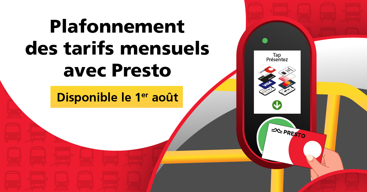 OC Transpo (@oc_transpo) on Twitter photo đłDĂšs le 1er aoĂ»t, vous pourrez profiter du plafonnement des tarifs mensuels avec votre <a href="/cartePRESTO/">Carte PRESTO</a>!
Utilisez votre carte Presto tout le mois, sans jamais payer plus que le coût de votre laissez-passer mensuel actuel.
Tous les dĂ©tails sont ici : ow.ly/AYLR50WpYPp đłDĂšs le 1er aoĂ»t, vous pourrez profiter du plafonnement des tarifs mensuels avec votre <a href="/cartePRESTO/">Carte PRESTO</a>!
Utilisez votre carte Presto tout le mois, sans jamais payer plus que le coût de votre laissez-passer mensuel actuel.
Tous les détails sont ici : ow.ly/AYLR50WpYPp