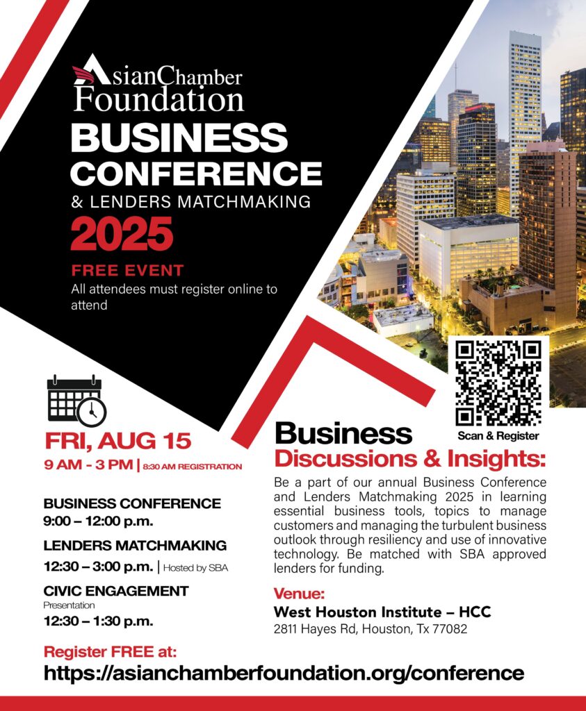 AsianChamberHou's tweet image. Join us Aug 15 for the ACC Business Conf + SBA Lender Matchmaking! 
 💼 Learn from experts
 🤝 Connect w/ buyers
 💸 Pitch to lenders (1st come, 1st served)
 📍 West Houston Institute
 🎟 zurl.co/4I8UJ
 #asianchamberhou #AAPIbusiness #SupplierDiversity #SBA