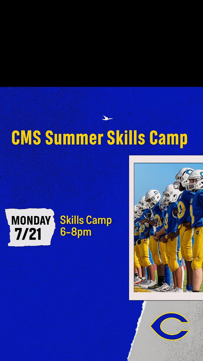 📣 CMS Summer Skills Camp is back!
Join us Monday, July 21st from 6–8PM on the turf at Center High School for a high-energy evening led by Coach Pierson. 🏈
Open to all middle school athletes!