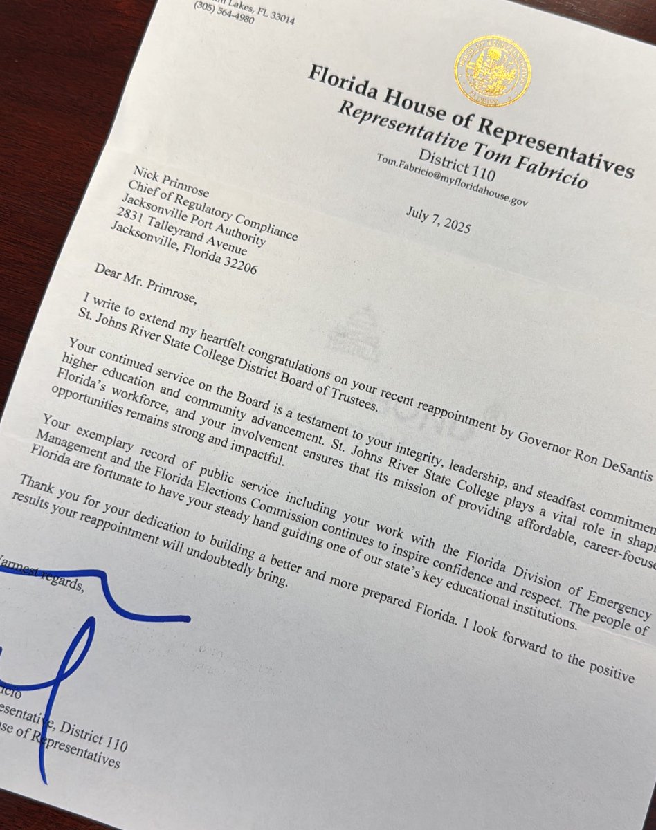 Nick Primrose (@nickprimrose) on Twitter photo Thank you <a href="/RepTomFabricio/">Rep. Tom Fabricio</a> for the nice congratulatory letter. Keep up your great work for Florida. Thank you <a href="/RepTomFabricio/">Rep. Tom Fabricio</a> for the nice congratulatory letter. Keep up your great work for Florida.