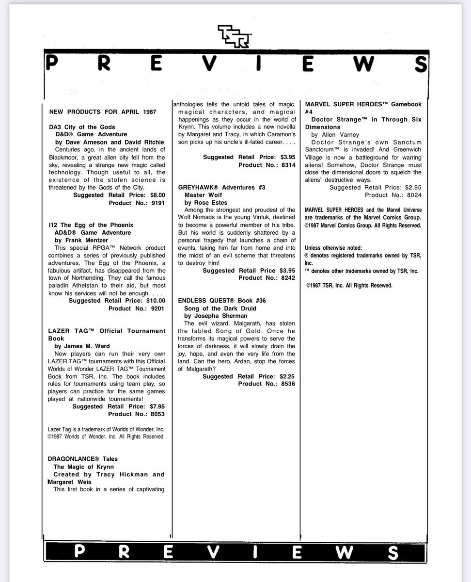 #ttrpg #tsr #dnd

March of 1987. TSR was cranking out a dozen products a month. 

What a glorious time.