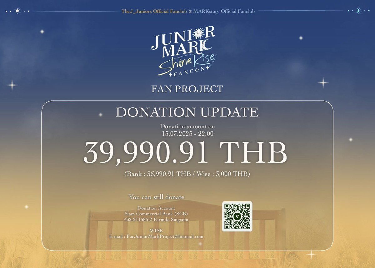 ⎯ ､｡อัพเดตยอด ､｡⎯

Date : 15-07-2568

✨ 39,990.91 THB

(Bank : 36,990.91 THB / Wise : 3,000 THB)

ขอบคุณสำหรับการสนับสนุนครับ🙏🏻
Thank you for support 🫶🏻

- อีก 10 วันถึงกำหนดชำระ Banner &amp; LED CORE DISPLAY (Fan Project) - 

#JUNIORMARKFancon
#JuniorMark
#Junniorrs #Markjrtn