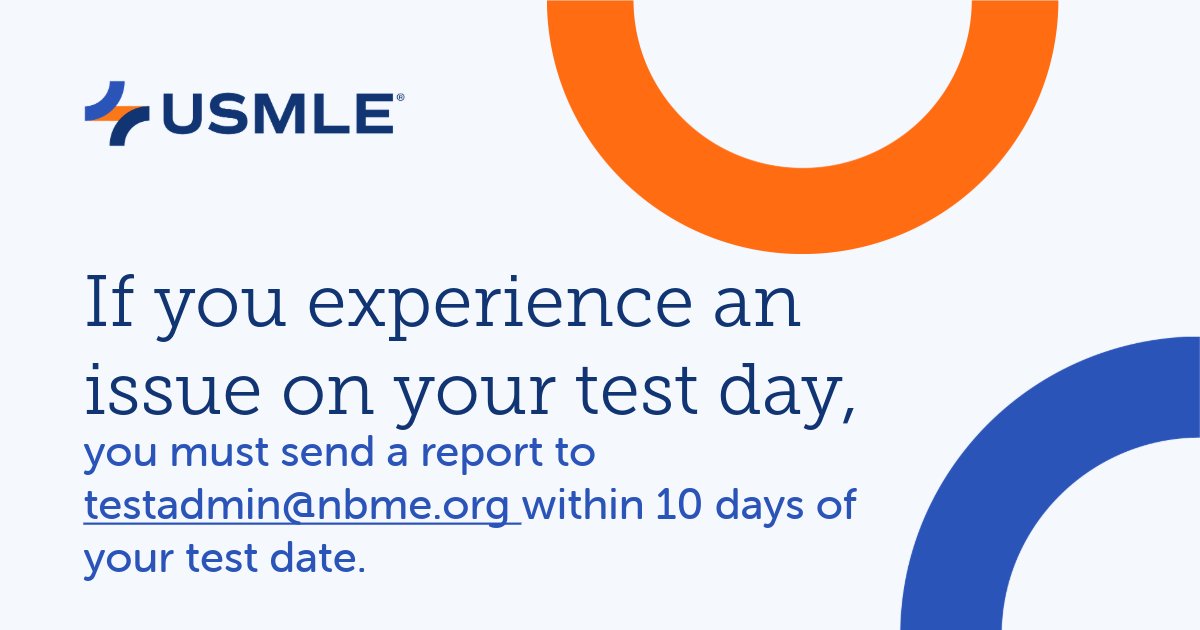TheUSMLE's tweet image. In the rare instance that you experience an issue on your test day, you must send a report of the incident to the #USMLE program within 10 days of your testing date to allow timely investigation. Learn more about what to include in your report. bit.ly/3U2fswS